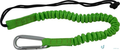 Green coiled tool lanyard with black cord and metal clip for workwear or uniforms