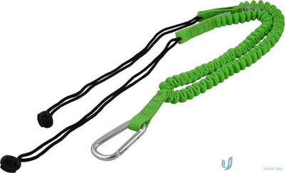 Green coiled lanyard with black cords and carabiner for Maxisafe Twin Tool workwear
