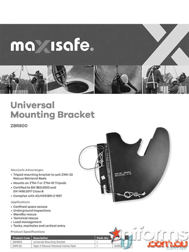 Universal mounting bracket for Maxisafe rescue retrieval and uniforms in fall arrest system