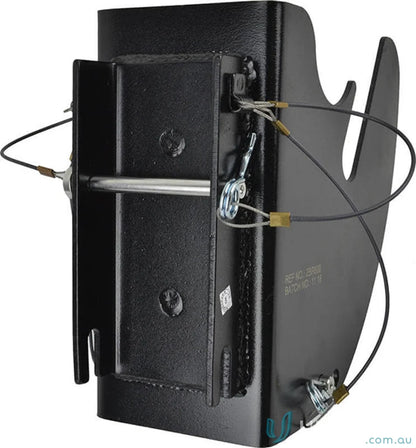 Black metal hitch receiver mounted bracket for rescue retrieval with ZWK-32 fall arrest uniforms