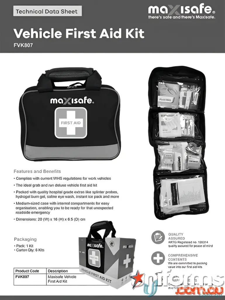 Maxisafe Vehicle First Aid Kit for workwear and aid kit emergencies in uniforms