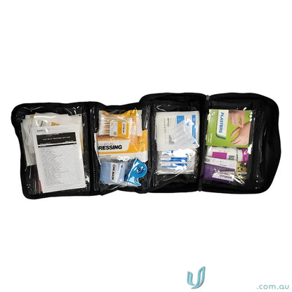 Open black Maxisafe vehicle aid kit with workwear and uniforms for safety