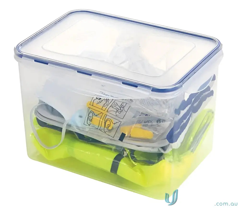 Clear plastic storage container with blue latches for workplace safety and workwear kits