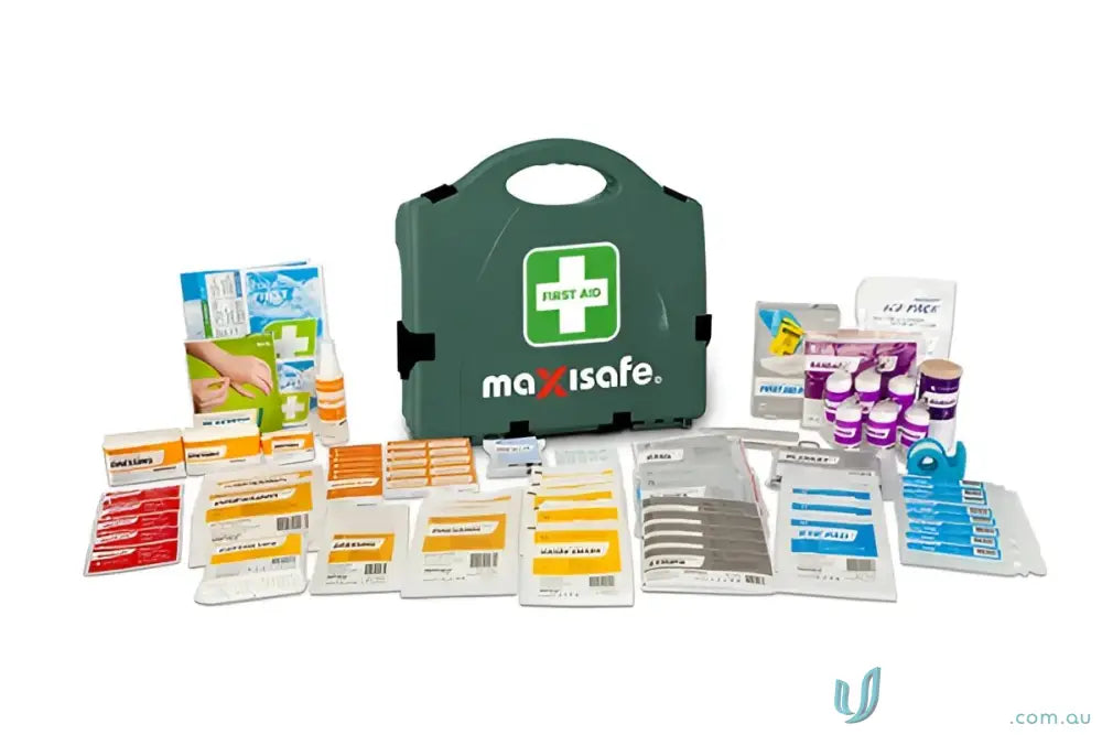 Green Maxisafe Workplace First Aid Kit with supplies and contents in a hard case
