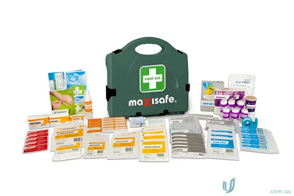 Green Maxisafe Workplace First Aid Kit with supplies and contents in a hard case