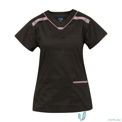 Medi8 Ladies Scrub Top with pink trim and herringbone tape dividers for ladies stretch scrub style