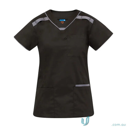 Medi8 Ladies scrub top with black and gray herringbone tape dividers for ladies stretch comfort