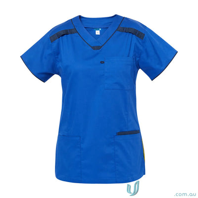 Blue medi8 ladies stretch scrub top with herringbone tape dividers for comfy fit
