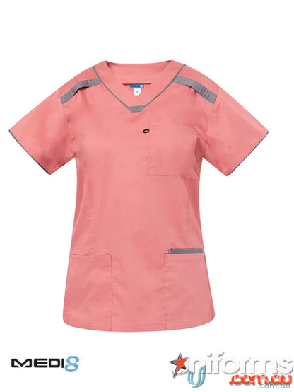Salmon-colored Medi8 Ladies Stretch Scrub Top with Herringbone Tape Dividers