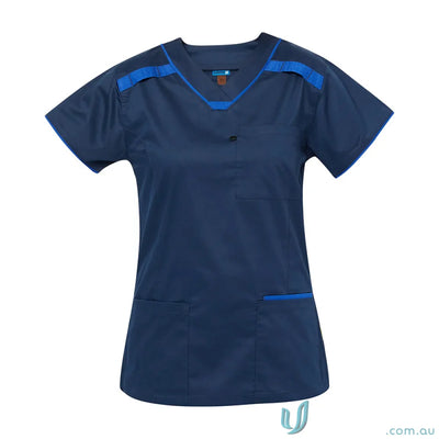 Navy blue medi8 ladies scrub top with herringbone tape dividers for ladies stretch comfort