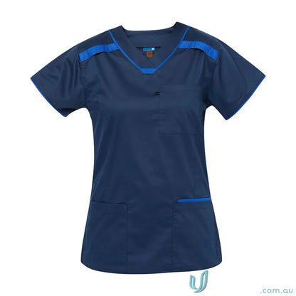 Navy blue medi8 ladies scrub top with herringbone tape dividers for ladies stretch comfort