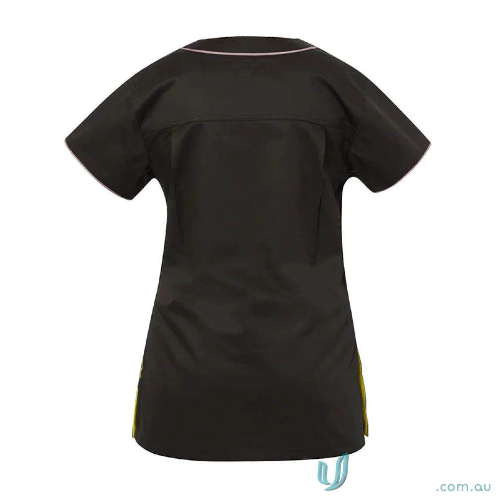 Medi8 Ladies Scrub Top with pink trim and herringbone tape dividers for ladies stretch scrub