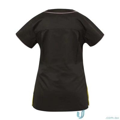 Medi8 Ladies Scrub Top with pink trim and herringbone tape dividers for ladies stretch scrub