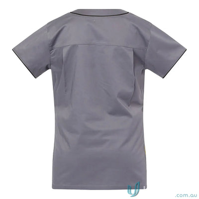 Gray short-sleeved Medi8 Ladies Scrub Top with herringbone tape dividers for ladies stretch scrub