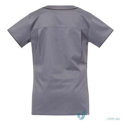 Gray short-sleeved Medi8 Ladies Scrub Top with herringbone tape dividers for ladies stretch scrub
