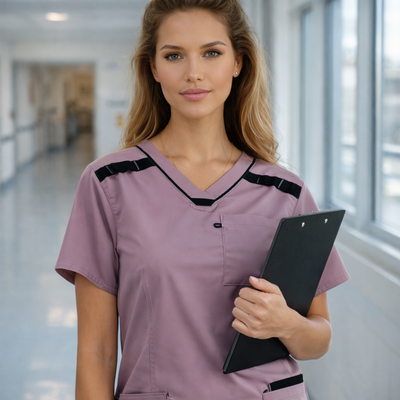 Medi8 ladies stretch scrub top in lavender with black trim and v-neck