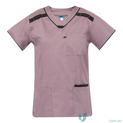 Medi8 Ladies Scrub Top in mauve with dark trim, featuring herringbone tape dividers
