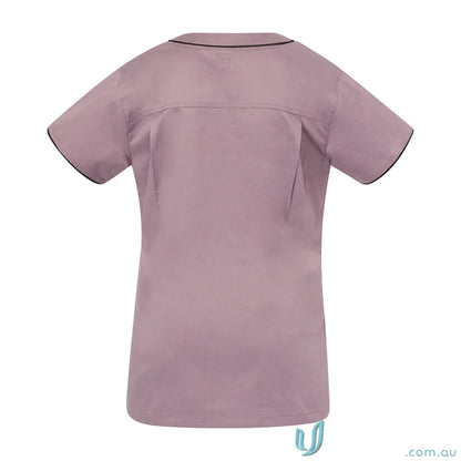Medi8 Ladies mauve short-sleeved stretch scrub top with herringbone tape dividers