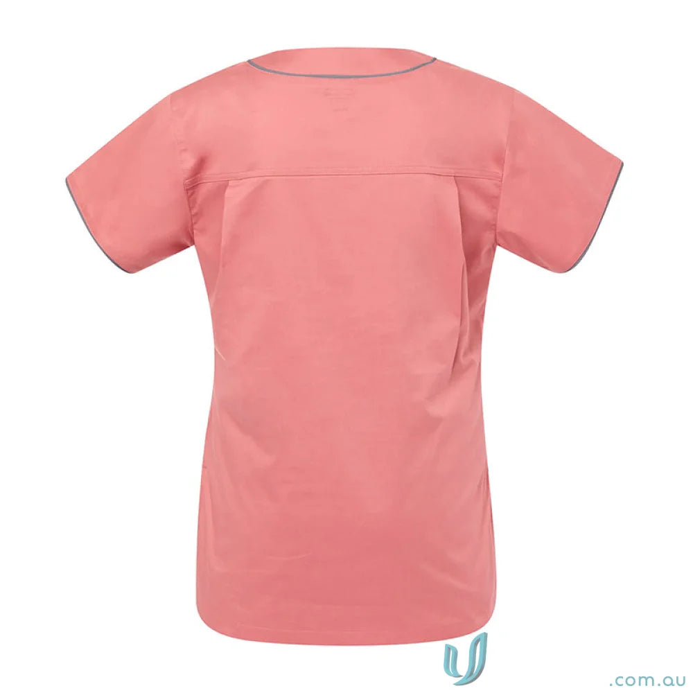 Salmon-colored Medi8 Ladies Stretch Scrub Top with gray Herringbone Tape Dividers