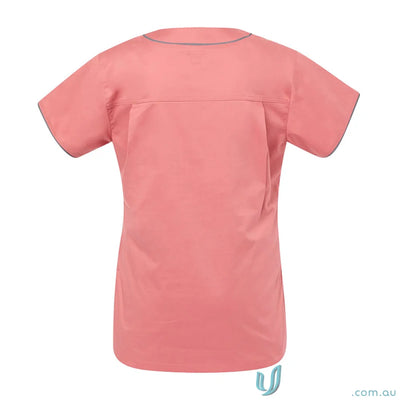 Salmon-colored Medi8 Ladies Stretch Scrub Top with gray Herringbone Tape Dividers