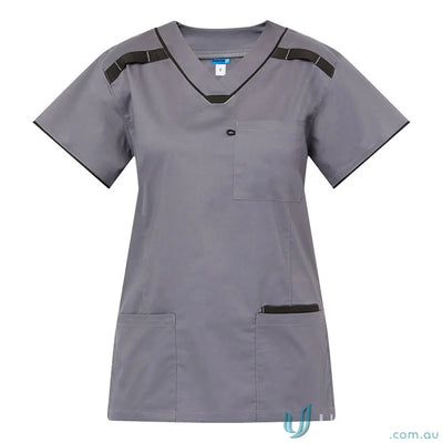 Medi8 Ladies Scrub Top with gray color, black trim, and herringbone tape dividers