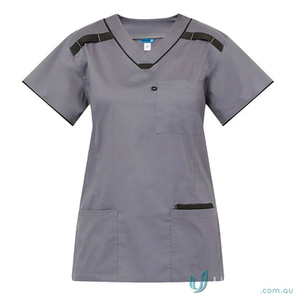 Medi8 Ladies Scrub Top with gray color, black trim, and herringbone tape dividers
