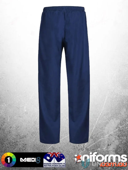 Dark blue medi8 reversible scrub pants with elastic waistband and reinforced stress points