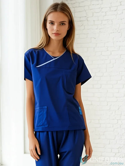 Blue medi8 unisex reversible scrub top with convenient storage for medical pros