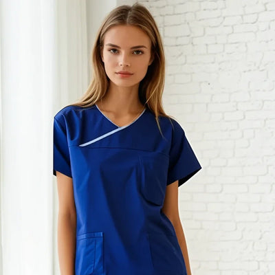 Medi8 unisex reversible scrub top in blue with white v-neck trim