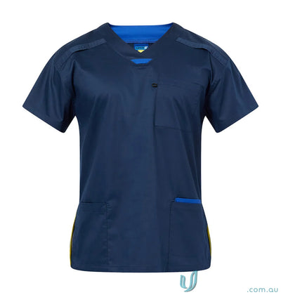 Navy blue Medi8 Unisex Stretch Scrub Top with women’s stretch fabric for healthcare pros