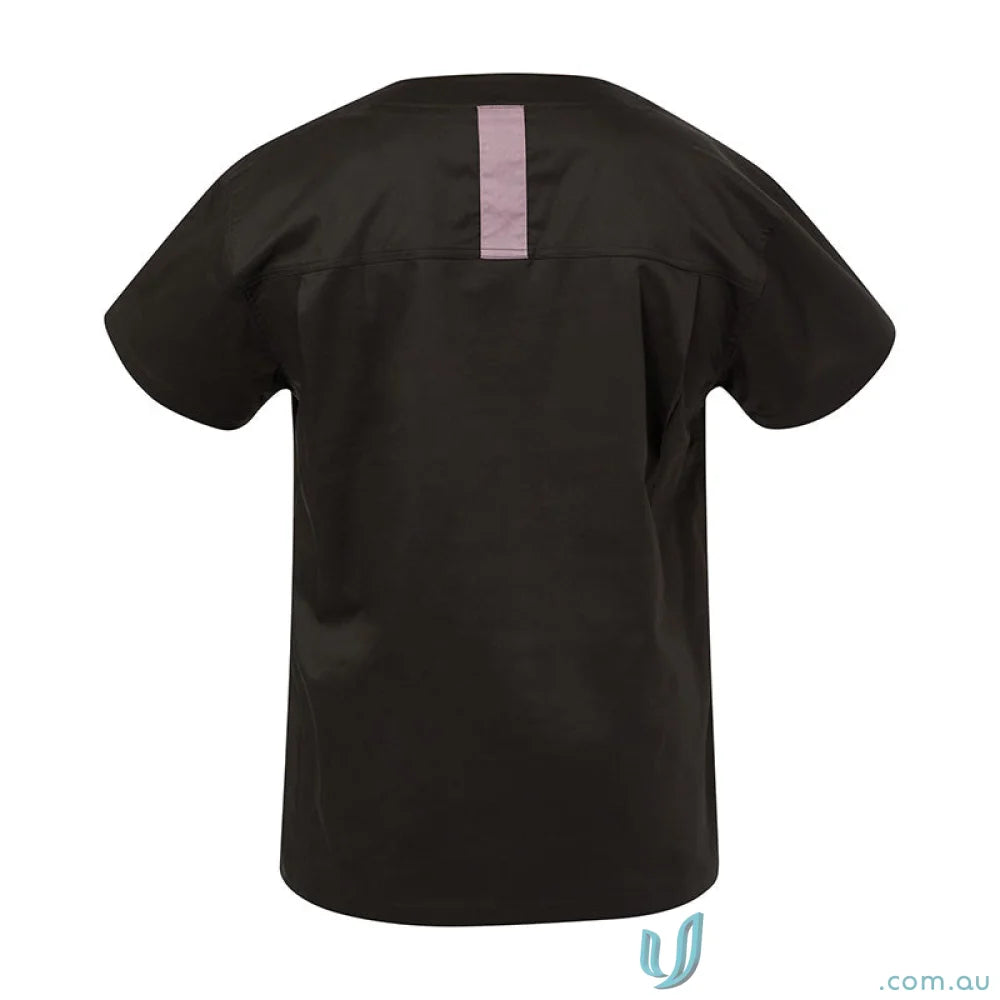 Black scrub top with lavender stripe for women’s stretch comfort and herringbone tape dividers