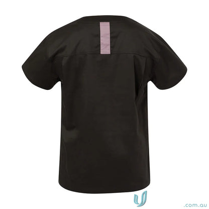 Black scrub top with lavender stripe for women’s stretch comfort and herringbone tape dividers