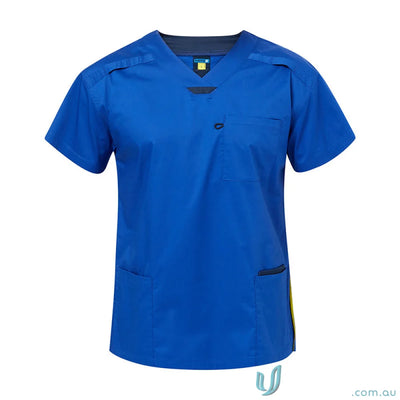 Blue women’s stretch Medi8 Unisex Scrub Top with herringbone tape dividers for healthcare pros