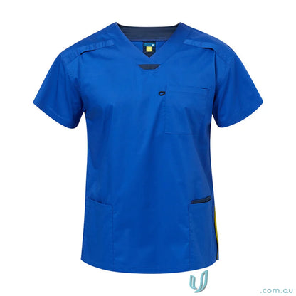 Blue women’s stretch Medi8 Unisex Scrub Top with herringbone tape dividers for healthcare pros