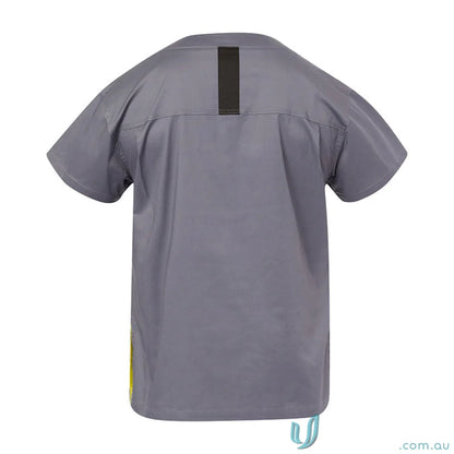 Gray short-sleeved healthcare professional’s scrub top with black stripe and women’s stretch fit