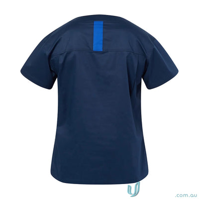 Navy blue women’s stretch scrub top with herringbone tape dividers for healthcare pros