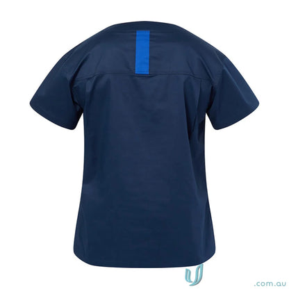 Navy blue women’s stretch scrub top with herringbone tape dividers for healthcare pros