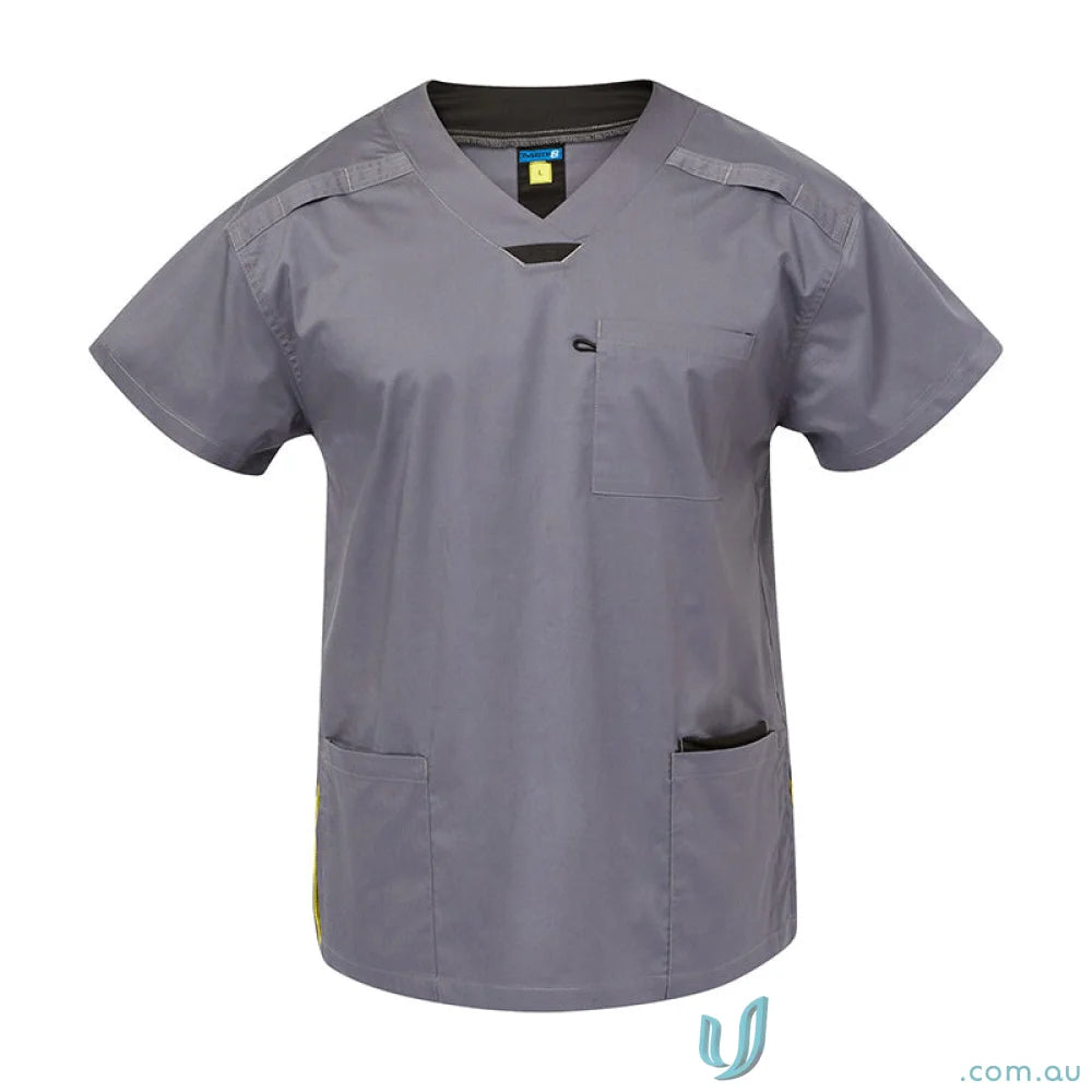 Gray medical scrub top for healthcare professionals with women’s stretch and herringbone tape dividers