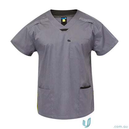Gray medical scrub top for healthcare professionals with women’s stretch and herringbone tape dividers
