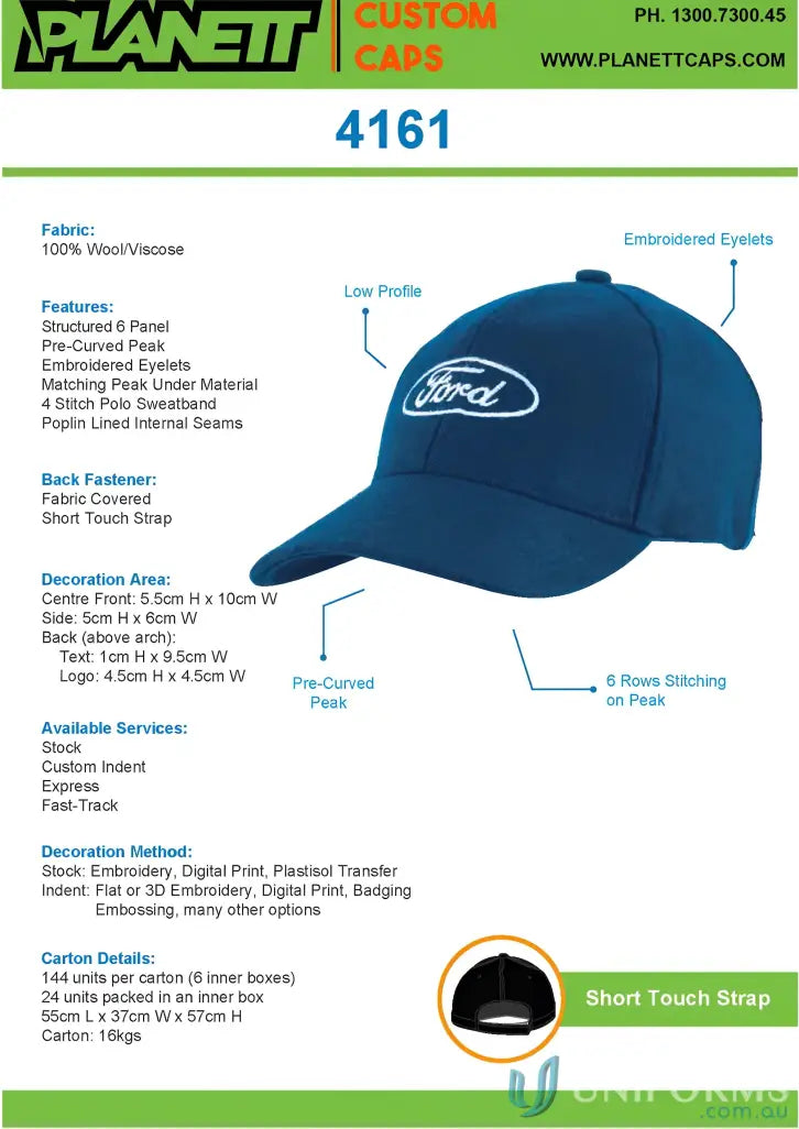 High stock inch Blue Ford baseball cap with wide centimeter imprint on Melton Wool Cap