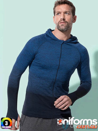 Man wearing Mens Active Seamless Jacket with blue black ombre and scuba hood