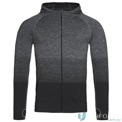 Mens Active Seamless Jacket with scuba hood and cool gray-to-black gradient pattern