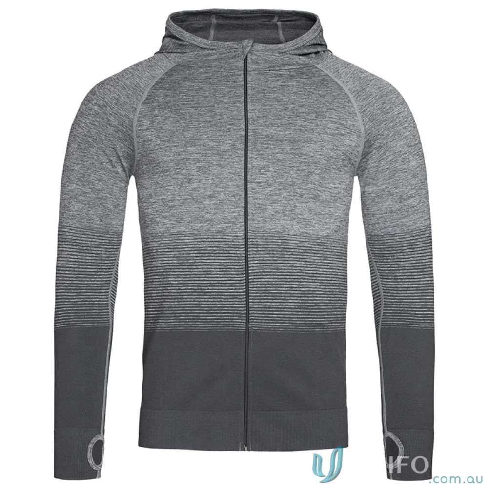 Men’s gray ombre full-zip hoodie with thumbholes, part of Mens Active Seamless Jacket collection