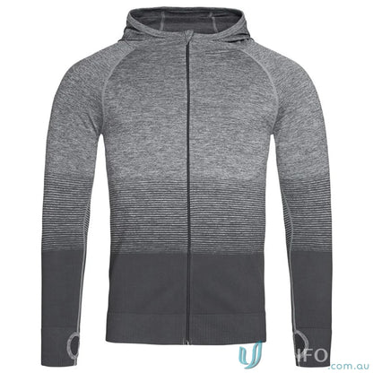 Men’s gray ombre full-zip hoodie with thumbholes, part of Mens Active Seamless Jacket collection