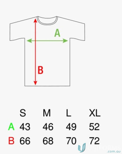 T-shirt size chart showing width and length for Mens Active Seamless Jacket with scuba hood