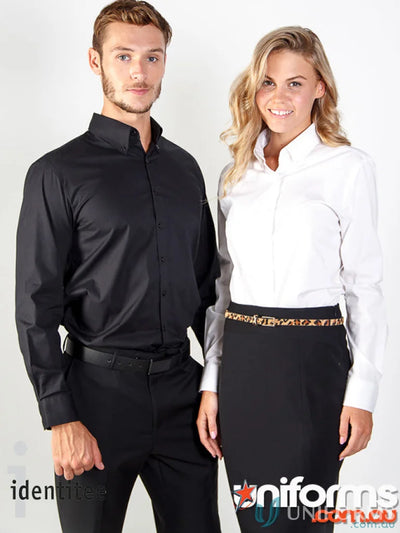 Two guys wearing Mens Baxter LS Shirt made from cotton-rich blend casual uniform tops