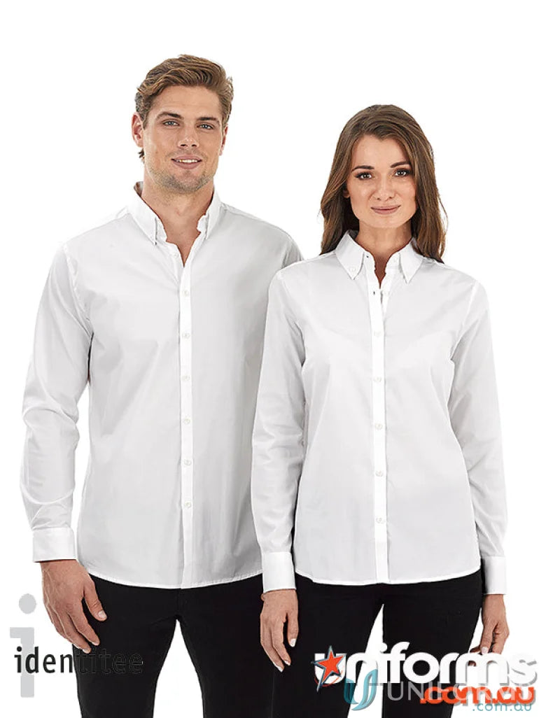 Two men wearing white Mens Baxter LS Shirt made from cotton-rich blend