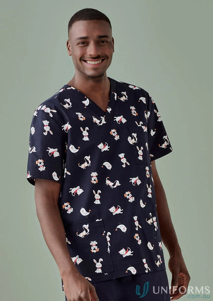 Patterned navy men’s scrub top perfect for early childhood educators and allied health professionals