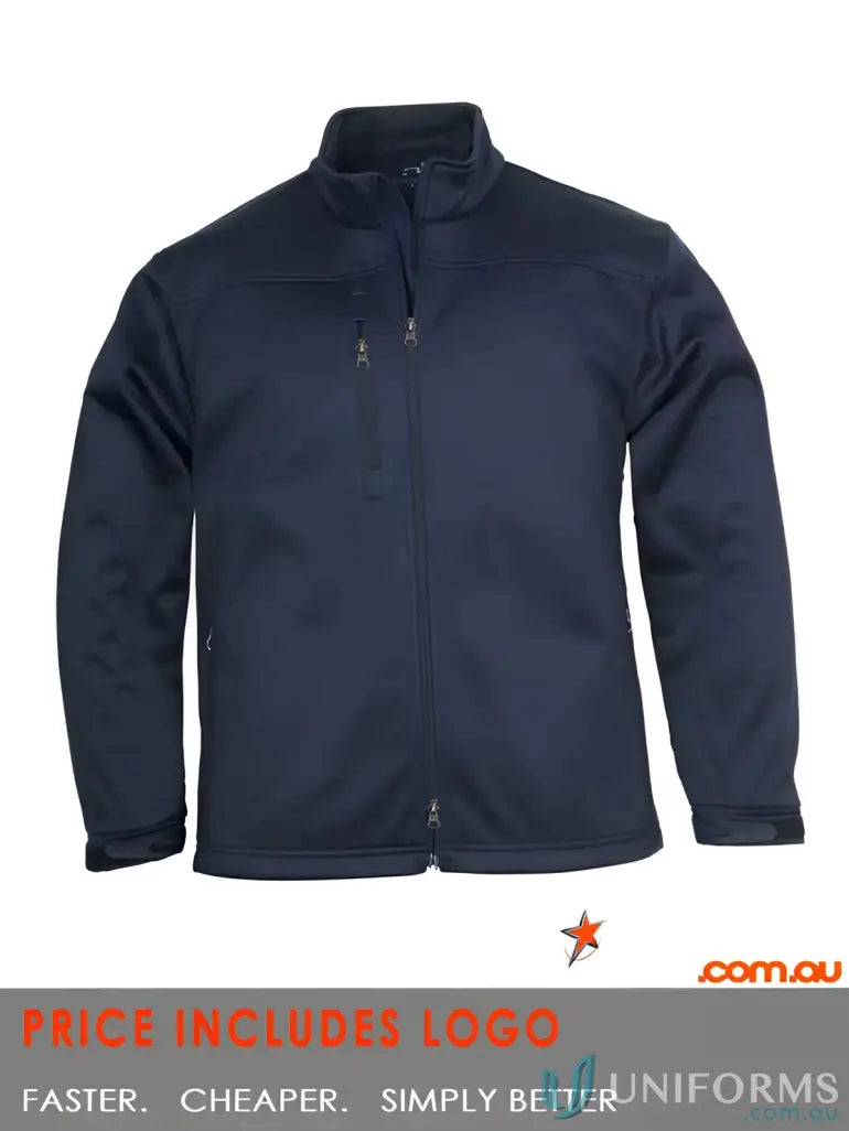 Navy blue Mens Soft Shell Jacket for work and uniforms with zip pockets and high collar