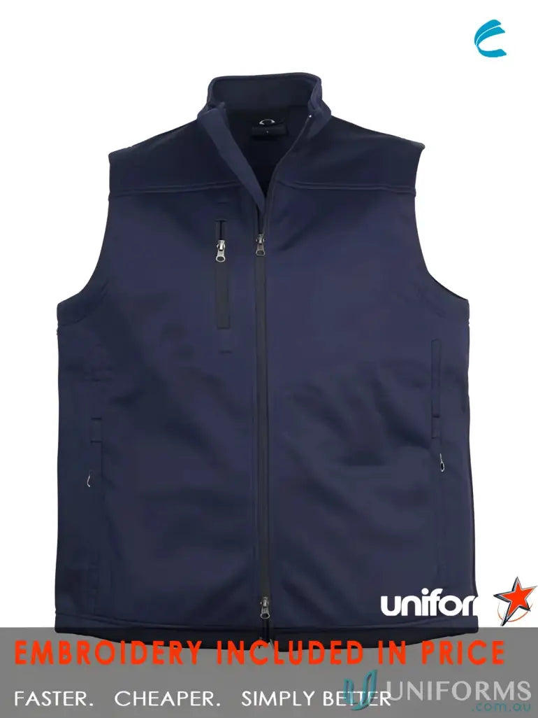 Mens C-EMB Soft Shell Vest with pockets, wind flap chin guard, ideal for outdoor work uniforms